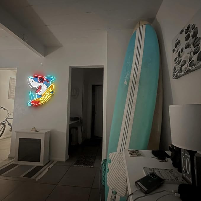 Shark Skateboard Neon Sign Edgy Sunglasses Shark LED Neon Signs for Wall Decor Man Cave & Game Room Oceanarium Led Light for Beach Bar&Shop Decor Unique Gift for Shark Lovers