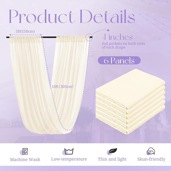 6 Panels Ivory Ceiling Drapes for Wedding, 5ftx10ft Ceiling Drapes Cheesecloth Sheer Fabric Curtain Wedding Arch Draping Fabric Romantic Ceiling Decorations for Wedding Party Ceremony Stage