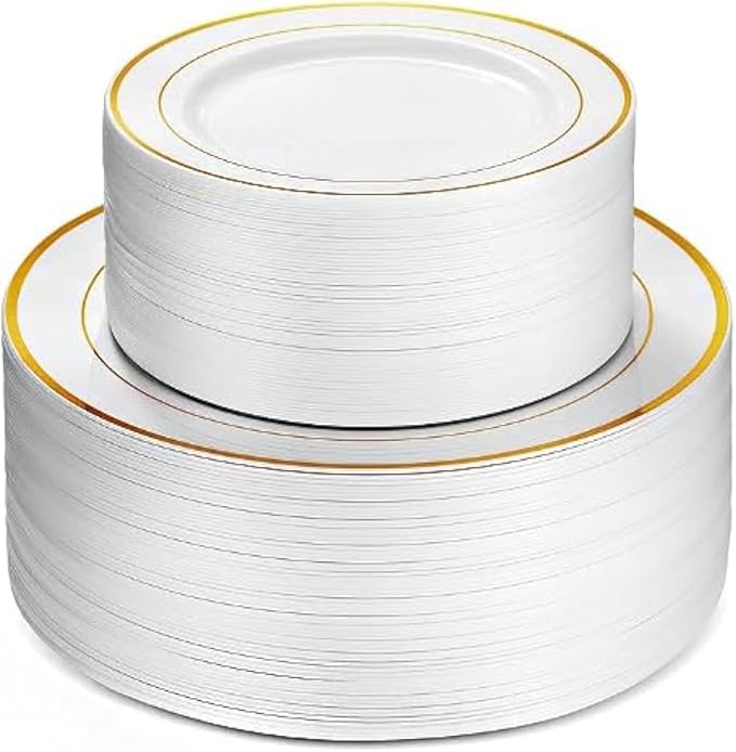 Neatiffy100 Pcs Gold Rim Plastic Dinnerware Set (50 Guest) | 50 x (Dinner Plate, Dessert Plate) | For Wedding, Luxurious Party, Special Event