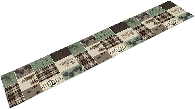 Bear Deer Table Runner,Rustic Lodge Retro Country Farmhouse Buffalo Plaid Print Tablecloth Burlap for Hotel Indoors Outdoor Dining Room Kitchen Home Decor,W13X L80 in