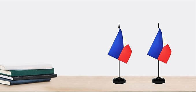 Philippines Filipino Deluxe Desk Flag Set Small Mini Miniature Philippines Filipino Table Desktop Flags With Solid Pole, Black Base and Spear Top(2 Pack)