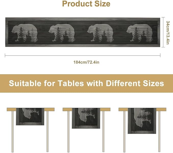 Rustic Country Bear Table Runner, Black Wood Wooden Cabin Wild Animals Hunting Table Cloth for Home Kitchen Dining Table Runner 13x108 Inch
