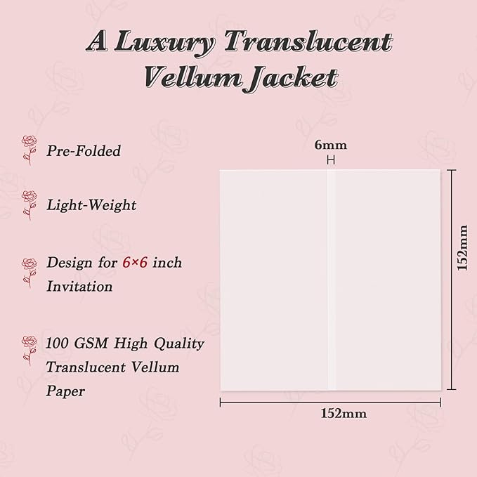 120 Pack Pre-Folded Vellum Jackets for 6x6 Invitations, Translucent Vellum Paper 6x6 Jackets, 100GSM Wedding Invitations Wraps, Envelope Liners for Birthdays, Baby Showers