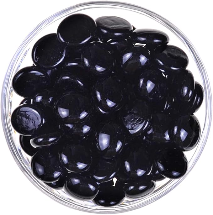 KINGOU Flat Glass Gems/Marbles/Stones/Beads for Vase Filler, Table Scatter, Games - 1 Lbs (17-19mm, Approx. 3/4") - Black