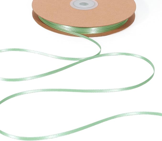 LaRibbons Sage Green Satin Ribbon 1/8 Inch 100 Yards Thin Luxury Double Faced Green Silk Ribbon for Flower Bouquet Crafts Gift Wrapping Wedding Decoration