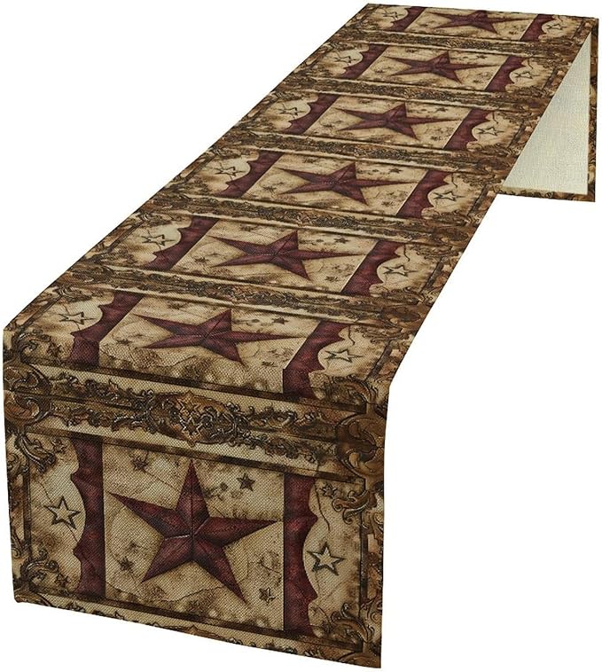 Wild West Table Runner, Rustic Farmhouse Texas Star Vintage Rodeo Cowboy Old Sign Wild West Print Pattern for Home Kitchen Table Decor Dining Coffee Room Garden Party Decor 13x36in