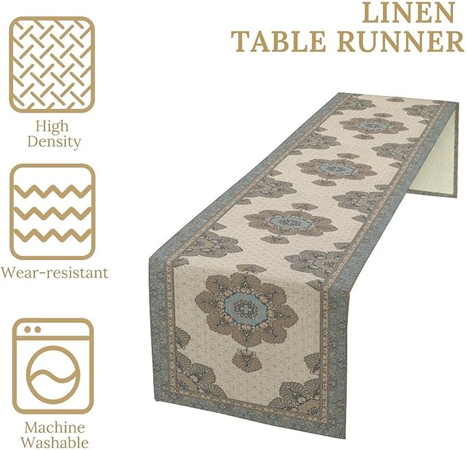 Boho Bohemia Style Table Runner, Vintage Teal Brown Retro Flower Rustic Country Style Floral Print Pattern for Home Kitchen Table Decor Dining Coffee Room Garden Party Decor 13x36in