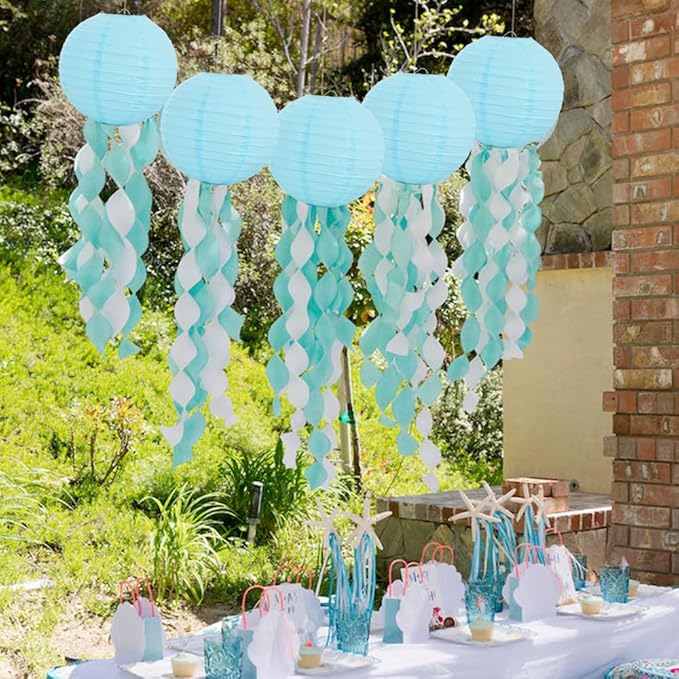 BEISHIDA 10-Inch Light Blue Round Paper Lanterns Decorative Hanging Asia Chinese Japanese Paper Lanterns Lamp for Birthday Wedding Baby Shower Home Decor Party Decoration（6 Packs）