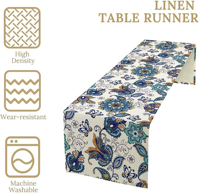 Oriental Paisley Table Runner, Luxury Vintage Blue Teal Floral Butterflies Print Table Runner for Home Dining Kitchen Coffee Table Party Decor, 13x108inch