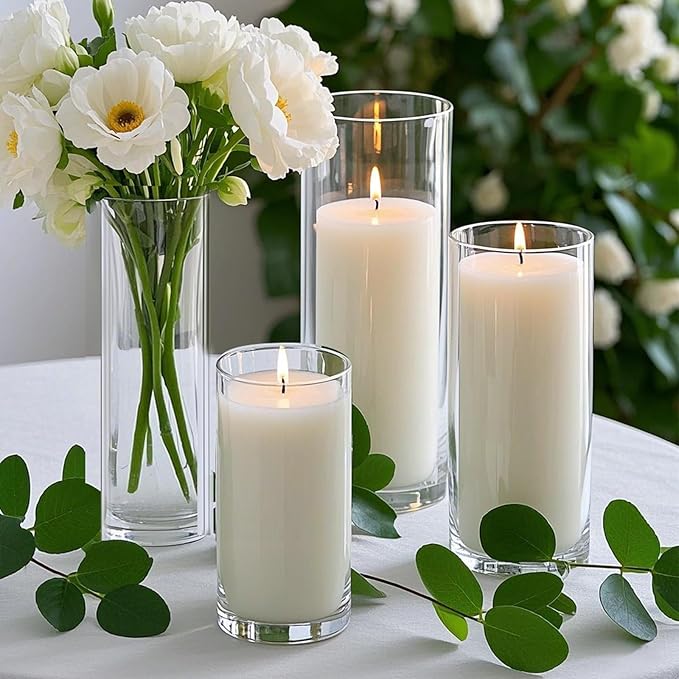36 PCS White Pillar Candles with Glass Candle Holders Clear Hurricane Candle Holders Glass Cylinder Vases for Centerpieces Wedding Party, Event, Home Office (18 Candles+18 Candle Hoders)