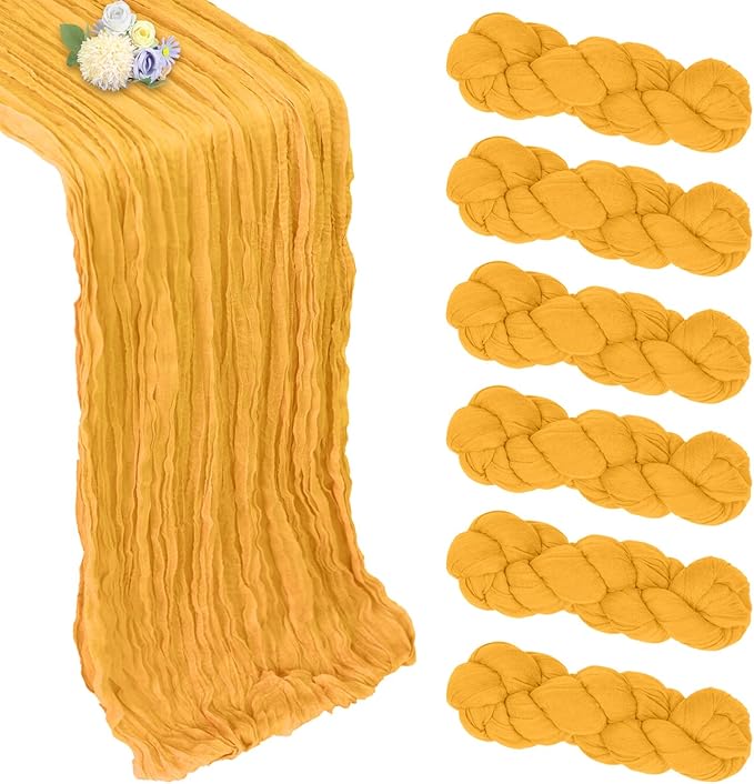 6 Pack Gold Cheesecloth Table Runner 10ft Boho Gauze Fabric Cheese Cloth Table Runner 35 x 120 Inch Rustic Sheer Runner for Romantic Wedding Decor Baby Shower Party Table Centerpiece Decoration