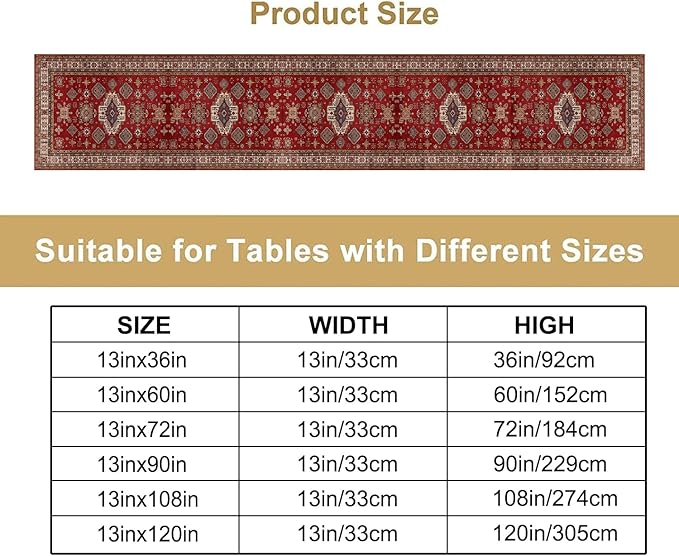 Boho Floral Vintage Table Runner, Retro Red Brown Flower Rustic Country Farmhouse Abstract Pattern for Home Kitchen Table Decor Dining Coffee Room Party Decor 13x72in