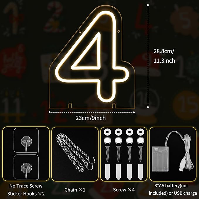 Number 4 LED Neon Sign Backdrop Birthday Party Decoration, 11.3" Height Warm White Marquee Numbers Four Light Up Sign for Wedding Anniversary Window Wall Table, Indoor Battery Operated or USB