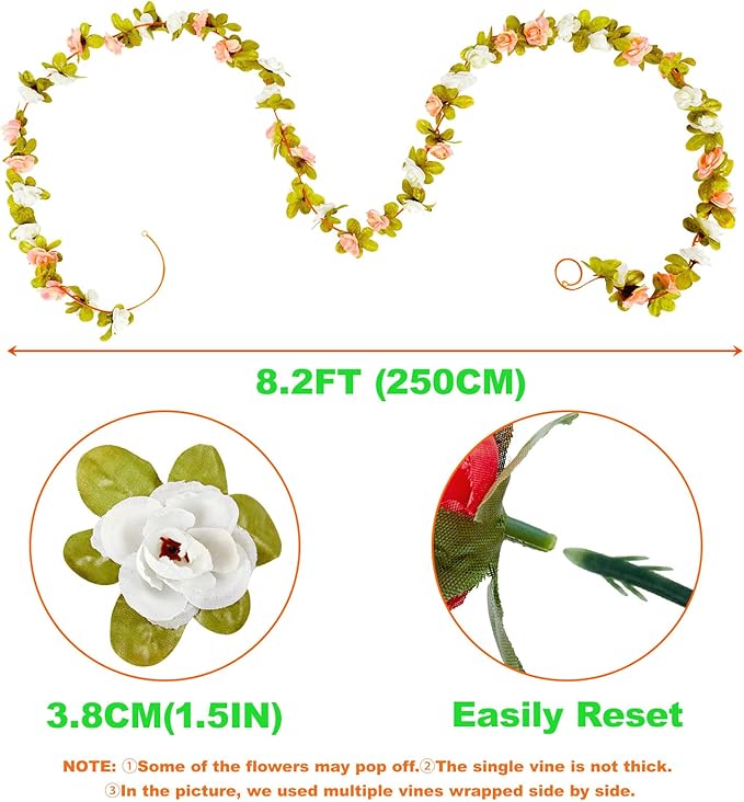 8 Pcs x 8.2 ft Flower Garland Artificial Rose Vine Flowers with Green Leaves Hanging Fake Roses Vine for Room Party Home Wedding Birthday Christmas Wall Arch Decor, Spring White Flower