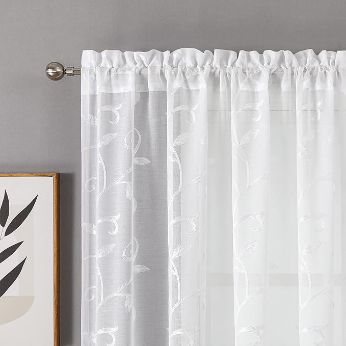 VISIONTEX White Leaves Sheer Voile Curtains, Decorative Embroidery Rod Pocket Window Drapes for Home Living Room and Bedroom 54 x 63 Inch, Set of 2 Curtain Panels