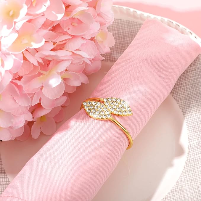 Hotop 400 Pcs Napkin Rings Gold Table Decorations, Elegant Bling Leaves Napkin Rings, Rhinestone Guest Towels Buckle for Wedding Gold Party, Thanksgiving Christmas Dinner Banquet Table Decoration