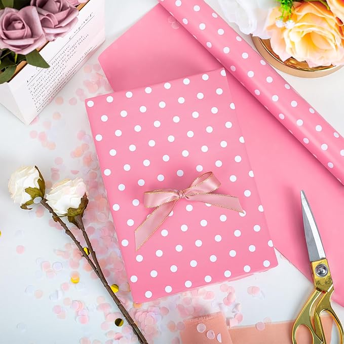 Flyhill Pink Wrapping Paper Roll,Reversible Gift Wrap Paper with Polka Dot Design for Girls,Birthday,Wedding,Baby Shower,All Holidays(17 Inch X 32.8 Feet)