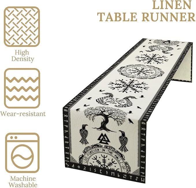 Ancient Abstract Pattern Table Runner, Tree of Life Eagle Dragon Boat Rudder Black and White Table Runner 13x60 Inch