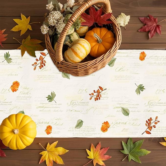 Fall Wildflowers Cotton Linen Table Runner for Dining Kitchen, Thanksgiving Pumpkin Outdoor Party Rustic Tablerunners Decoration, Botanical Floral Vintage Dresser Scarf Tablecloth Runners 13x48 Inches