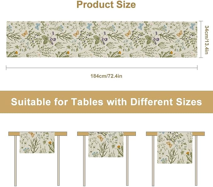 Floral Table Runner,Wildflower Spring Table Runner Seasonal Summer Butterfly Kitchen Dining Table Decoration for Home Party 13x120 Inch