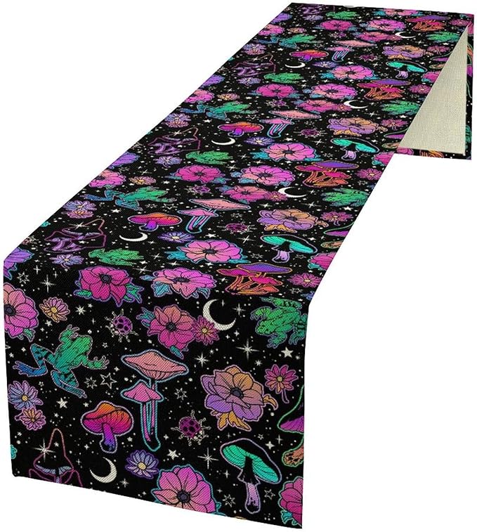 Gothic Star Moon Colorful Table Runner for Kitchen Living Room Home Party Boho Floral Table Runner 13x36 Inch