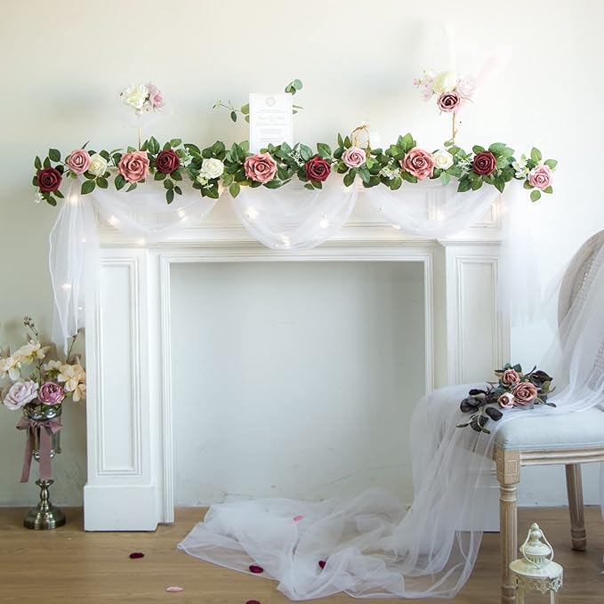 PONATIA 5FT Burgundy Artificial Flowers Garland, Dusty Rose Flowers Garland for Wedding Ceremony Garlands Backdrop Arch Flowers, Table Christmas Decorations (Burgundy & Ivory)