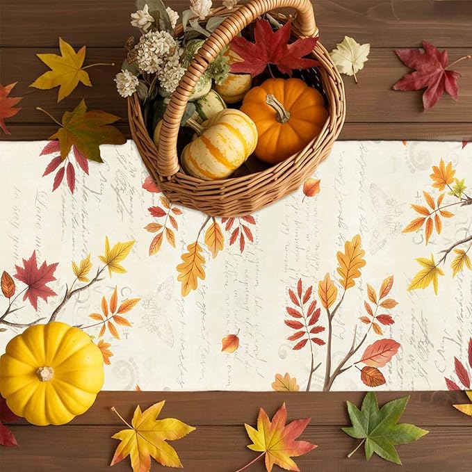 Thanksgiving Fall Cotton Linen Table Runner for Dining Kitchen, Blue Pumpkins Rustic Wedding Outdoor Party Autumn Tablerunners Decoration, Leaves Dresser Scarf Coffee Tablecloth Runners 13x108 Inches