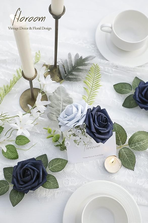 Floroom Artificial Flowers 25pcs Real Looking Navy Blue Foam Fake Roses with Stems for DIY Wedding Bouquets Bridal Shower Centerpieces Party Tables Home Decorations
