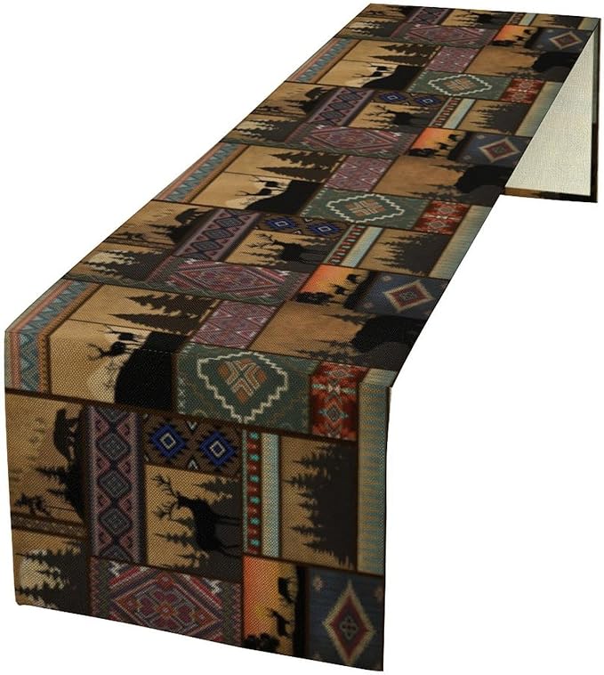 Rustic Cabin Bear Aztec Table Runner, Retro Brown Bear Rustic Theme Geometry Decoration for Home Dinner Party Living Room Bedroom Table Runner 13x36 Inch