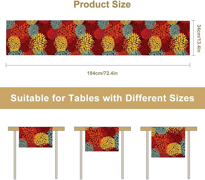 Red Yellow Dahlia Table Runner, Seasonal Autumn Thanksgiving Pattern Print for Home Kitchen Table Decor Dining Coffee Room Party Decor 13x108 Inch