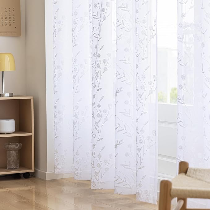 Embroidery Sheer Curtains White 95 Inches, Floral Pattern Window Treatments Rod Pocket Drapes for Living room, Bedroom, Semi Voile Curtain Panels for Yard, Patio, Villa, Parlor, Set of 2, 52"x 95".