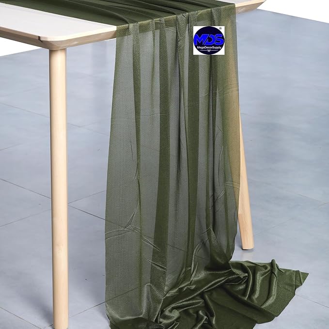 MDS Halloween Chiffon Table Runner - 15 Pack, 29 x 170 Inches, 14ft Each - Sheer Spooky Table Runners for Haunted House Parties, Trick-or-Treat Tables, Witchy Décor, Wedding & Events - Olive Green