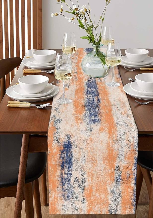 Vintage Oil Painted Cotton Linen Table Runner for Dining Kitchen, Wedding Outdoor Party Tablerunners Decoration, Abstract Modern Orange Minimalist Dresser Scarf Coffee Tablecloth Runners 13x90 Inches