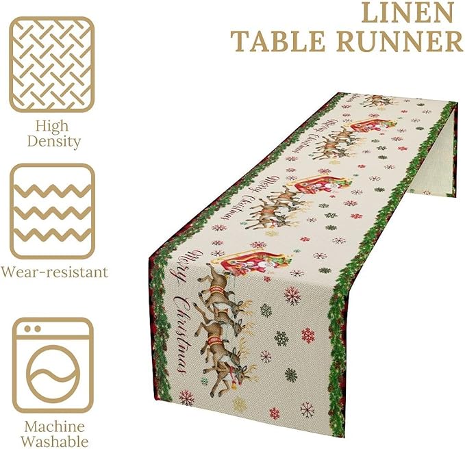 Christmas Table Runner,Xmas Deer Cute Santa Claus Red Plaid Pattern Printed Tablecloth Burlap for Hotel Indoors Outdoor Dining Room Kitchen Home Decor,W13X L108 in