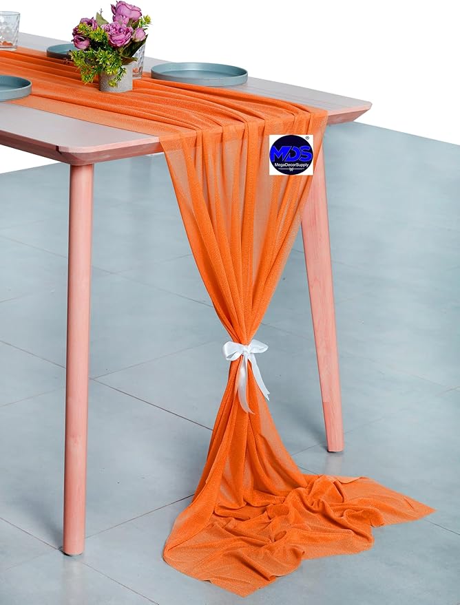 MDS Halloween Chiffon Table Runner - 10 Pack, 29 x 170 Inches, 14ft Each - Sheer Spooky Table Runners for Haunted House Parties, Trick-or-Treat Tables, Witchy Décor, Wedding & Events - Orange