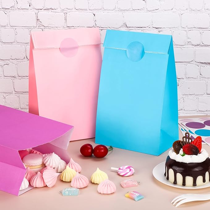 Cooraby 30 Pieces 5.1 x 3.1 x 9.4 Inches Colorful Kraft Paper Bags with 48 Stickers Party Treat for Wedding, Celebration, Birthday Party Supplies (Sky Blue, Light Purple, Pink)