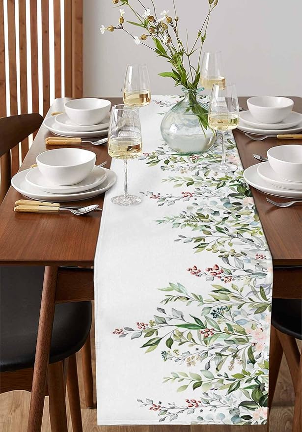 Botanical Eucalyptus Cotton Linen Table Runner for Dining Kitchen, Wedding Outdoor Party Tablerunners Decoration, Sage Green Leaves Elegant Floral Dresser Scarf Coffee Tablecloth Runners 13x120 Inches