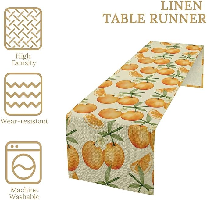 Spring Summer Orange Citrus Table Runner Watercolor Sweet Fruit Botanical Print Dinner Runner for Farmhouse Baby Shower Party Holiday Home Kitchen Dining Table Decor 13x120
