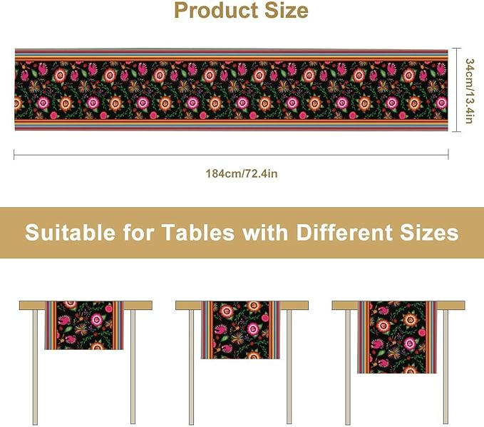 Mexican Table Runner,Colorful Flowers Cinco De Mayo Decor Table Runner for Kitchen Dining Table Home Party Decoration 13x120 Inch