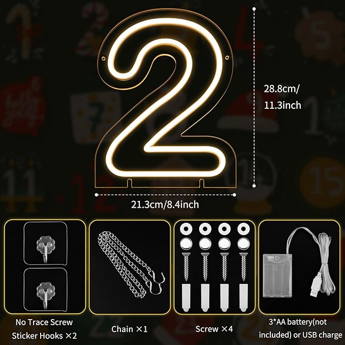 Number 2 LED Neon Sign Backdrop Birthday Party Decoration, 11.3" Height Warm White Marquee Number Two Light Up Sign for Wedding Anniversary Window Wall Table, Indoor Battery Operated or USB