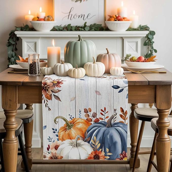 Thanksgiving Fall Cotton Linen Table Runner for Dining Kitchen, Pumpkins Eucalyptus Wedding Outdoor Party Tablerunners Decoration, Farmhouse Wooden Dresser Scarf Coffee Tablecloth Runners 13x48 Inches