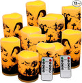 12-Pack Halloween LED Flameless Pillar Candles - Battery Operated with Remote & Timer, Flickering Warm Light, Witch/Bats/Castle Decals - Spooky Halloween Decor, Ghost Party Supplies, Gifts