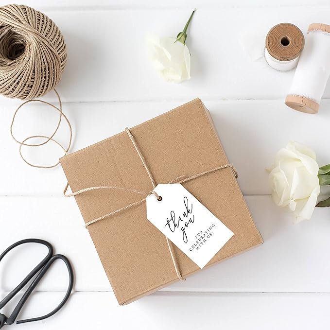 Andaz Press 100-Pack Thank You for Celebrating with Us Favor Tags Minimal Modern Cardstock Gift Tags with Bakers Twine for Wedding Baby Shower Bridal Shower Birthday Party Favors 2 x 3.75-Inches