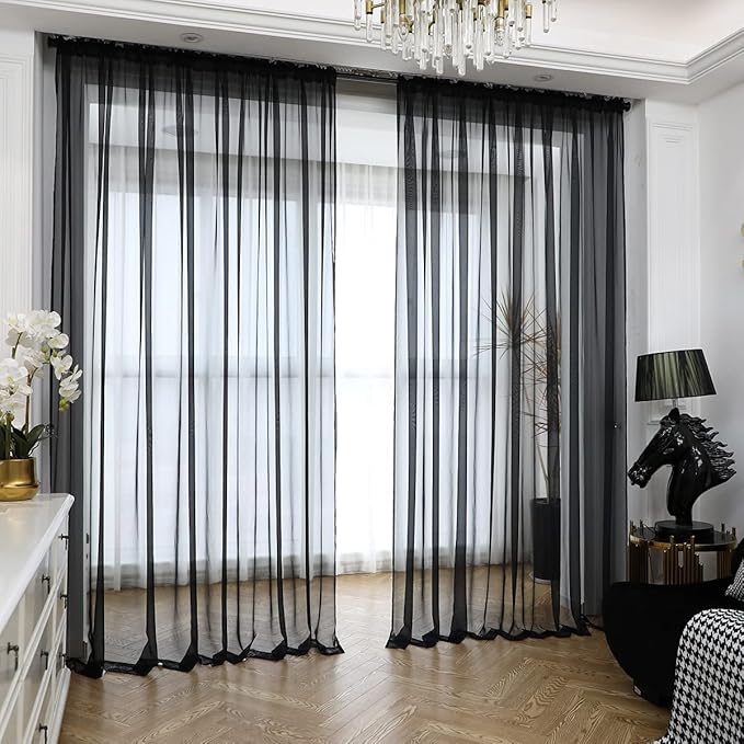 Window Black Sheer Curtains 60 Inches Width 90 Inches Long 2 Panels Sheer Curtains Clear Curtains Basic Rod Pocket Panel for Home Living Room Bedroom Kids Room Yard Patio Parlor Sliding