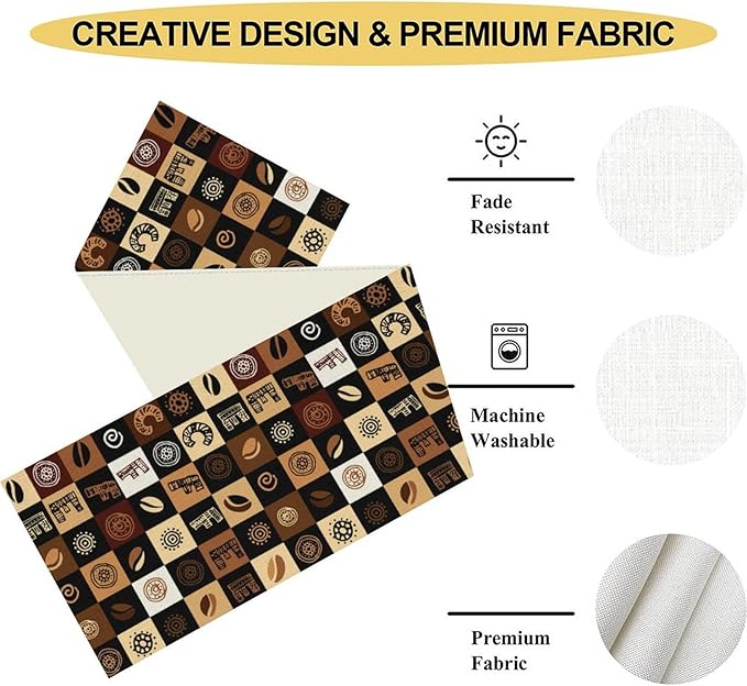 Coffee Theme Table Runner, Rustic Farmhouse Coffee Cup Latte Cappuccino Tea Party Cafe Table Center Decor for Home Kitchen Dining Patio Holiday Party Indoor Outdoor Table Decorations, 13"x90" Inch
