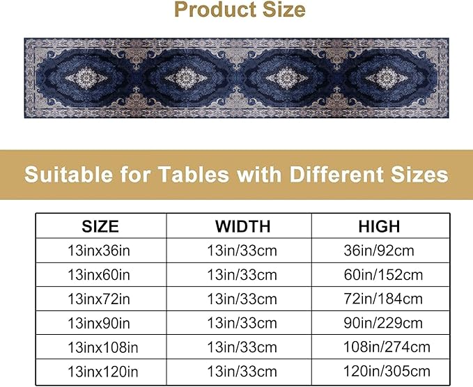 Vintage Boho Floral Table Runner, Rustic Country Farmhouse Dark Blue Grey Retro Flower Pattern for Home Kitchen Table Decor Dining Coffee Room Party Decor 13x120in