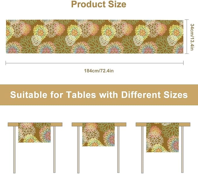 Brown Grey Dahlia Flower Table Runner, Linen Geometric Pattern Floral Table Decor Spring Farmhouse Decorations for Kitchen Dining Holiday Party Decor, 13x90 Inch