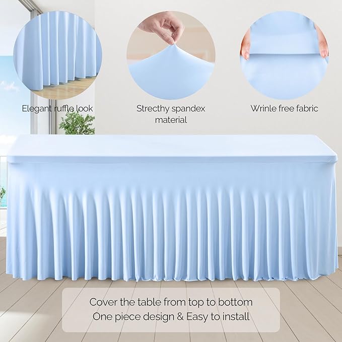 Wish Care 6 Pack Baby Blue Spandex Table Clothes for 8 Foot Rectangle Tables, 8FT Wrinkle Free Fitted Tablecloths Ruffles Design Table Cover for Party, Banquet, Wedding and Events