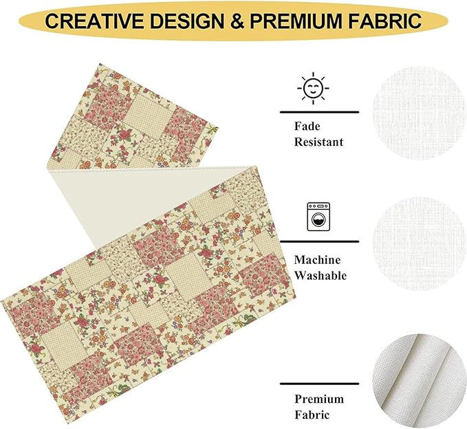 Boho Patchwork Table Runner, Vintage Farmhouse Colorful Wildflowers Bohemian Paisley Flower Table Center Decor for Home Kitchen Dining Patio Holiday Party Indoor Table Decorations, 13"x90" Inch