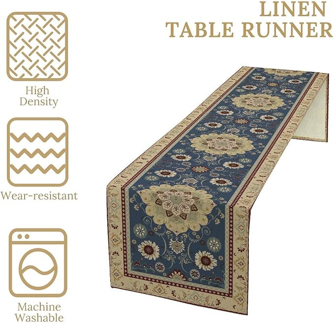 Vintage Boho Floral Table Runner, Elegant Rustic Country Farmhouse Blue Yellow Retro Flower Pattern for Home Kitchen Table Decor Dining Coffee Room Party Decor 13x90in